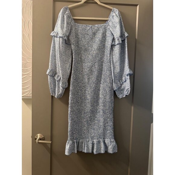 Blue & White Floral Print Long Sleeve Smocked Midi Dress By Prettygarden S - Picture 5 of 7